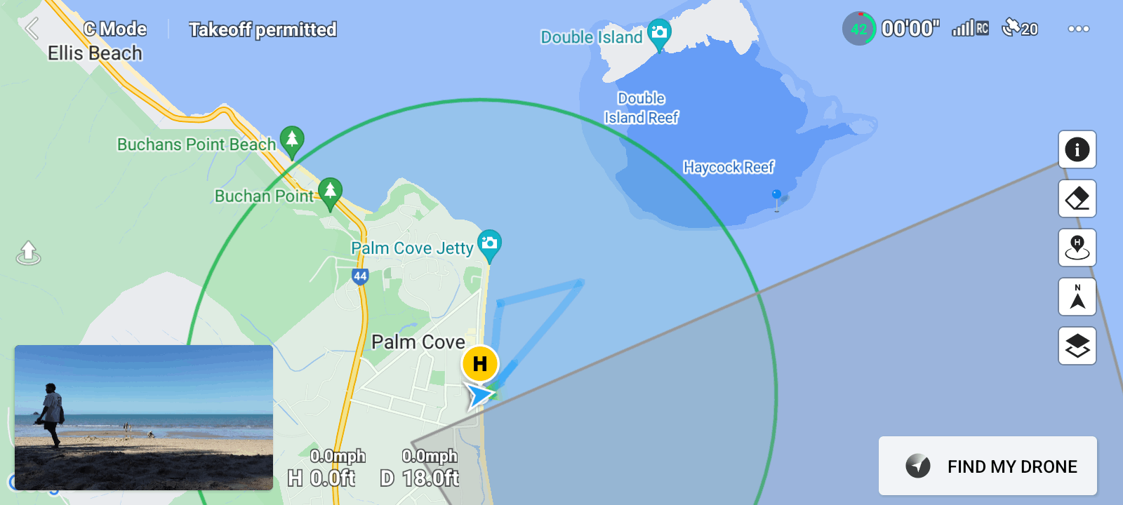 A screenshot showing the flight path of a drone flight in Palm Cove